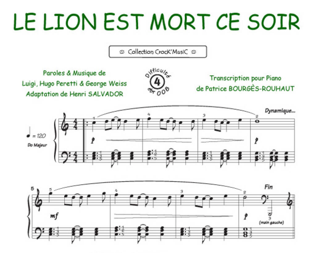 Luigi: Le lion est mort ce soir: (Arr. Patrice Bourgès): Solo de Piano |  Musicroom.fr