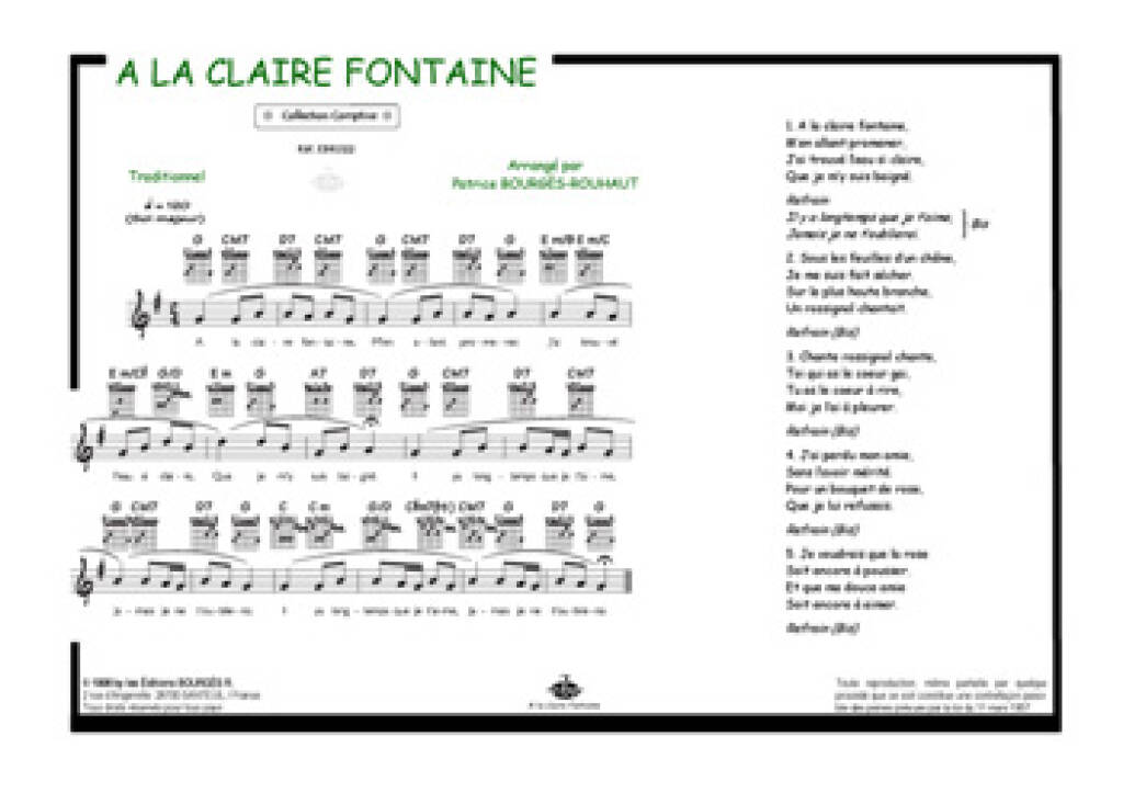 A la claire fontaine: (Arr. Patrice Bourgès): Piano, Voix & Guitare |  Musicroom.fr