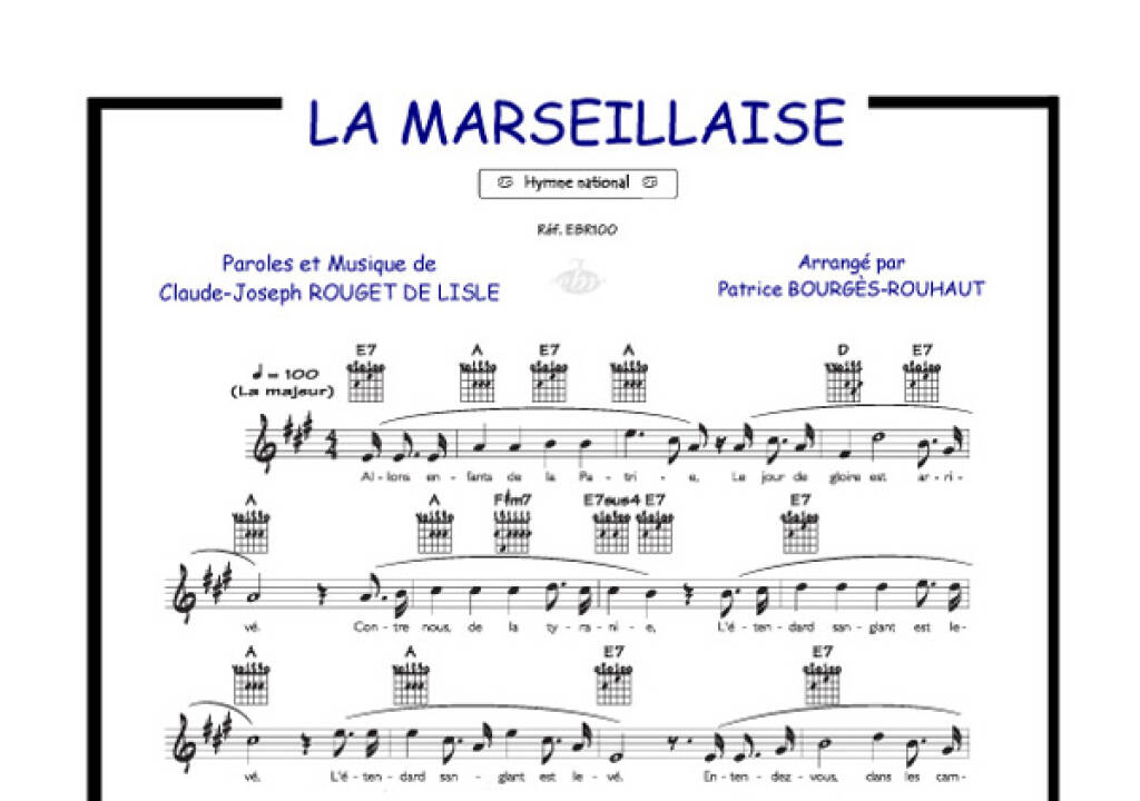 Claude Joseph Rouget de Lisle: La Marseillaise: (Arr. Patrice Bourgès):  Piano, Voix & Guitare | Musicroom.fr