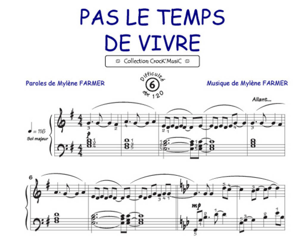 Mylène Farmer: Pas le temps de vivre: (Arr. Jean Rieux): Solo de Piano |  Musicroom.fr