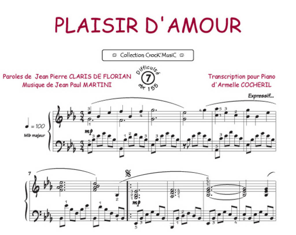Jean-Paul Martini: Plaisir d'amour: (Arr. Armelle Cocheril): Solo de Piano  | Musicroom.fr
