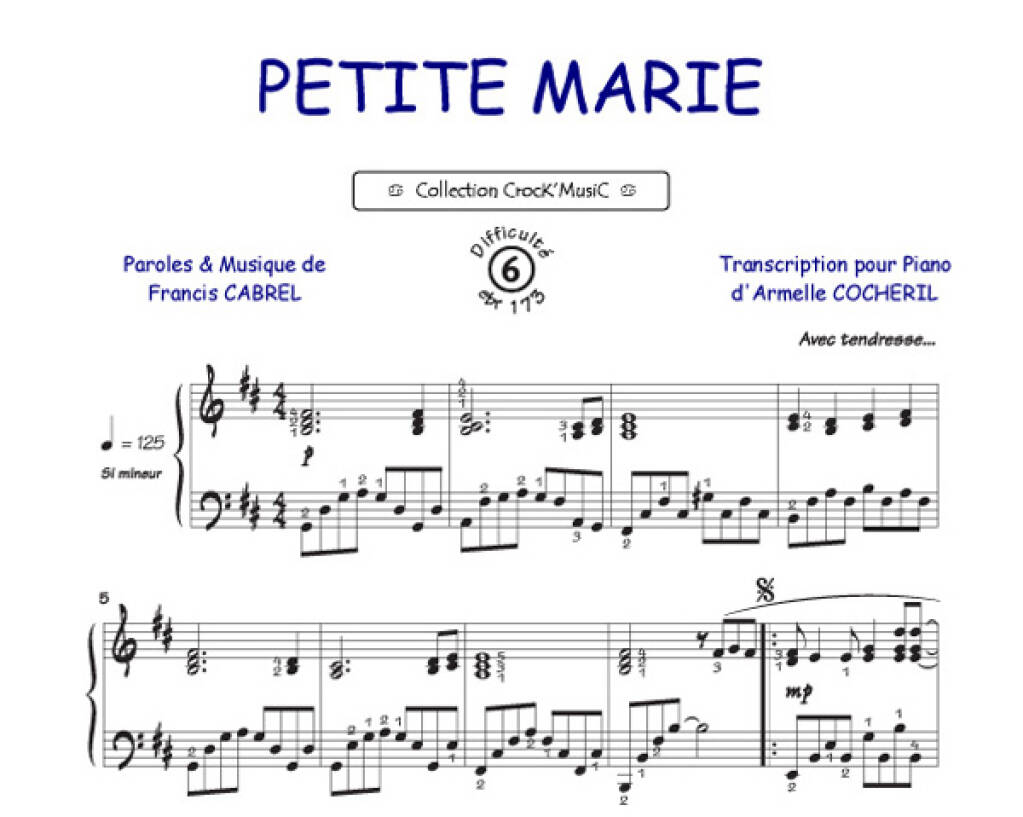 Francis Cabrel: Petite Marie: (Arr. Armelle Cocheril): Solo de Piano |  Musicroom.fr