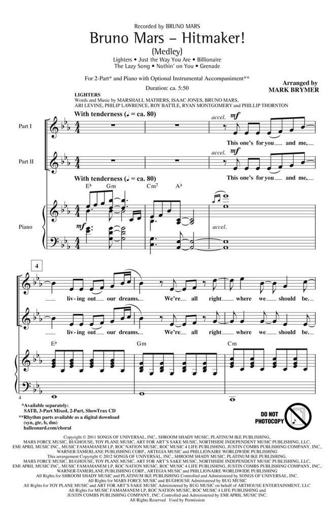 Bruno Mars: Bruno Mars - Hitmaker! (Medley): (Arr. Mark Brymer): Voix  Hautes et Piano/Orgue | Musicroom.fr