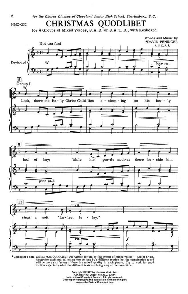 David Peninger: Christmas Quodlibet: (Arr. David Peninger): Chœur Mixte et  Piano/Orgue | Musicroom.fr