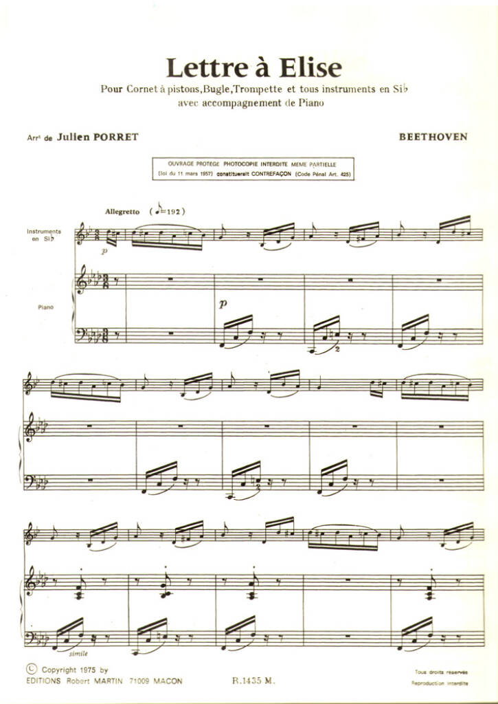 Ludwig van Beethoven: Lettre à Elise: Trompette et Accomp. | Musicroom.fr